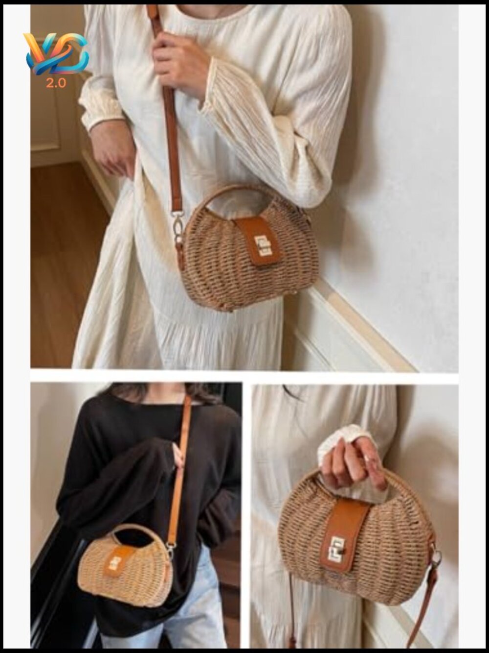 Handmade Straw Woven Beach Bag Crossbody Shell Clutch Summer Vacation Travel - Picture 4 of 7